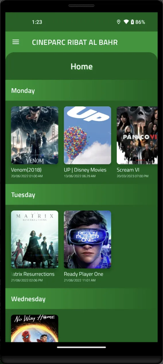 Cineparc home screen showing the weekly drive-in movie schedule