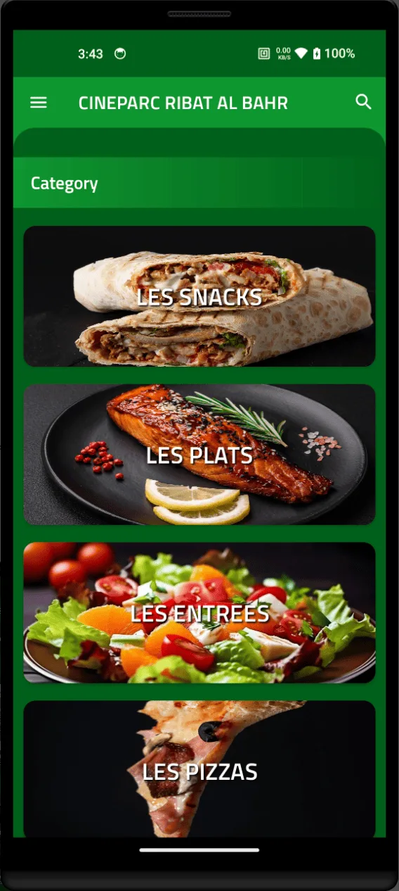 Cineparc restaurant category menu with snacks, plats, entrees, and pizzas