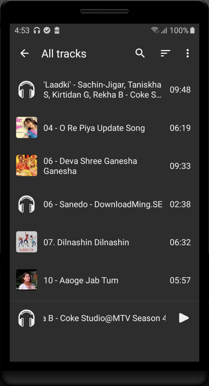 Indian Music Player all tracks library list view