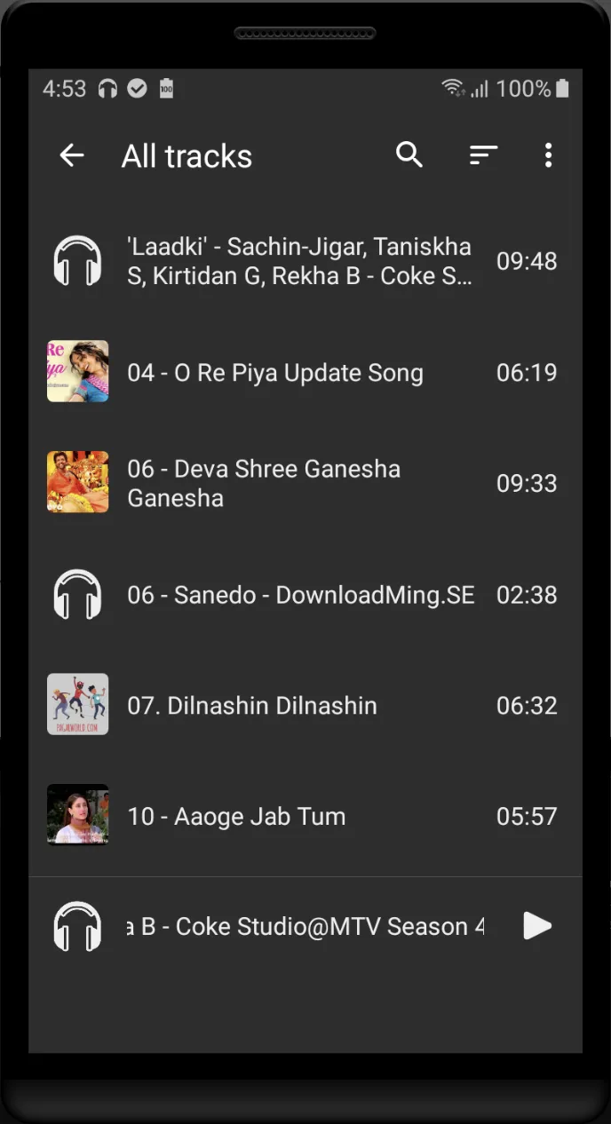 Indian Music Player all tracks library list view