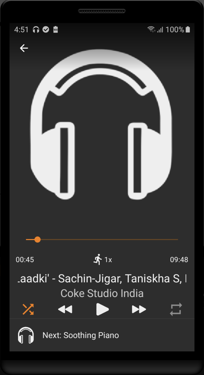 Indian Music Player Now Playing screen with headphone artwork and playback controls