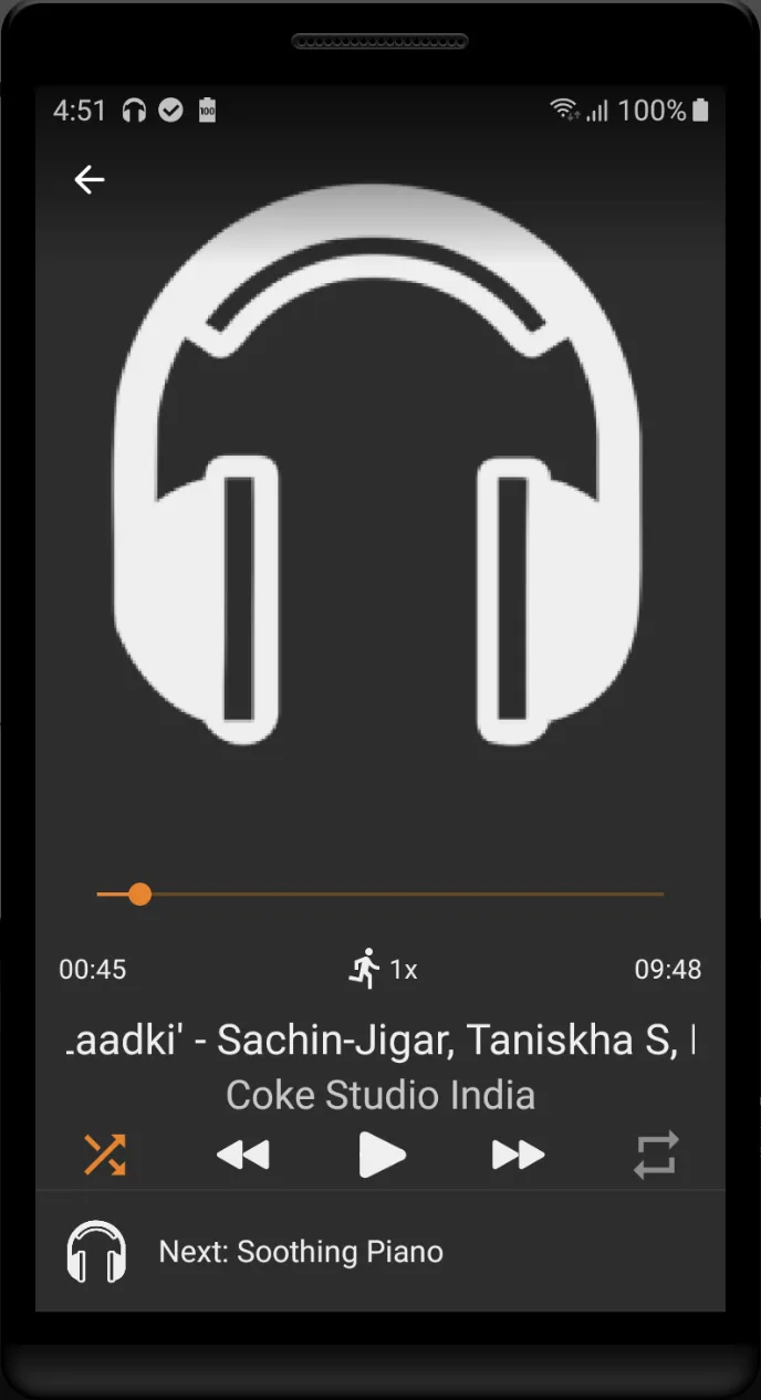 Indian Music Player Now Playing screen with headphone artwork and playback controls