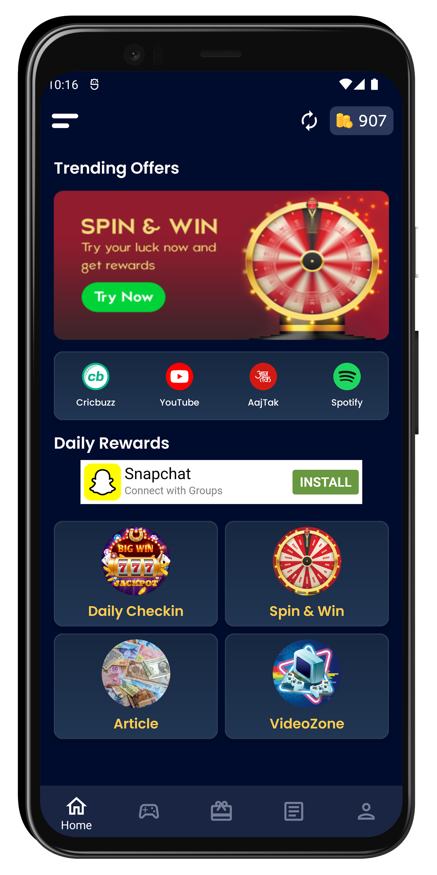 Indian Rewards home dashboard with Trending Offers, Spin & Win, and daily rewards tiles