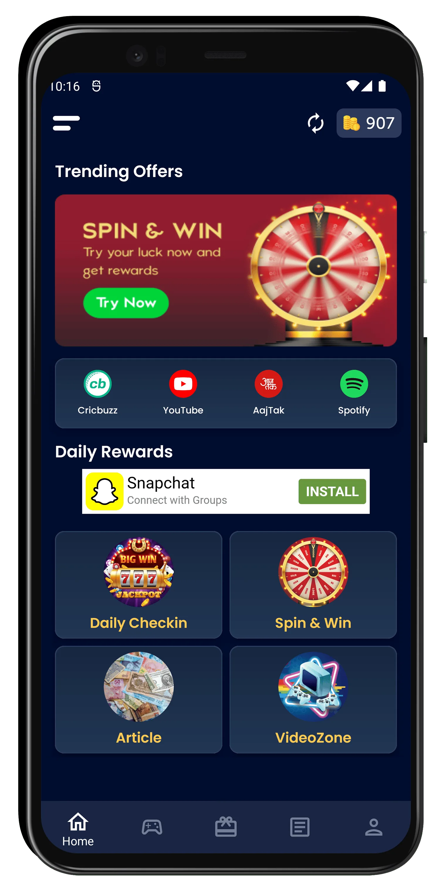 Indian Rewards home dashboard with Trending Offers, Spin & Win, and daily rewards tiles