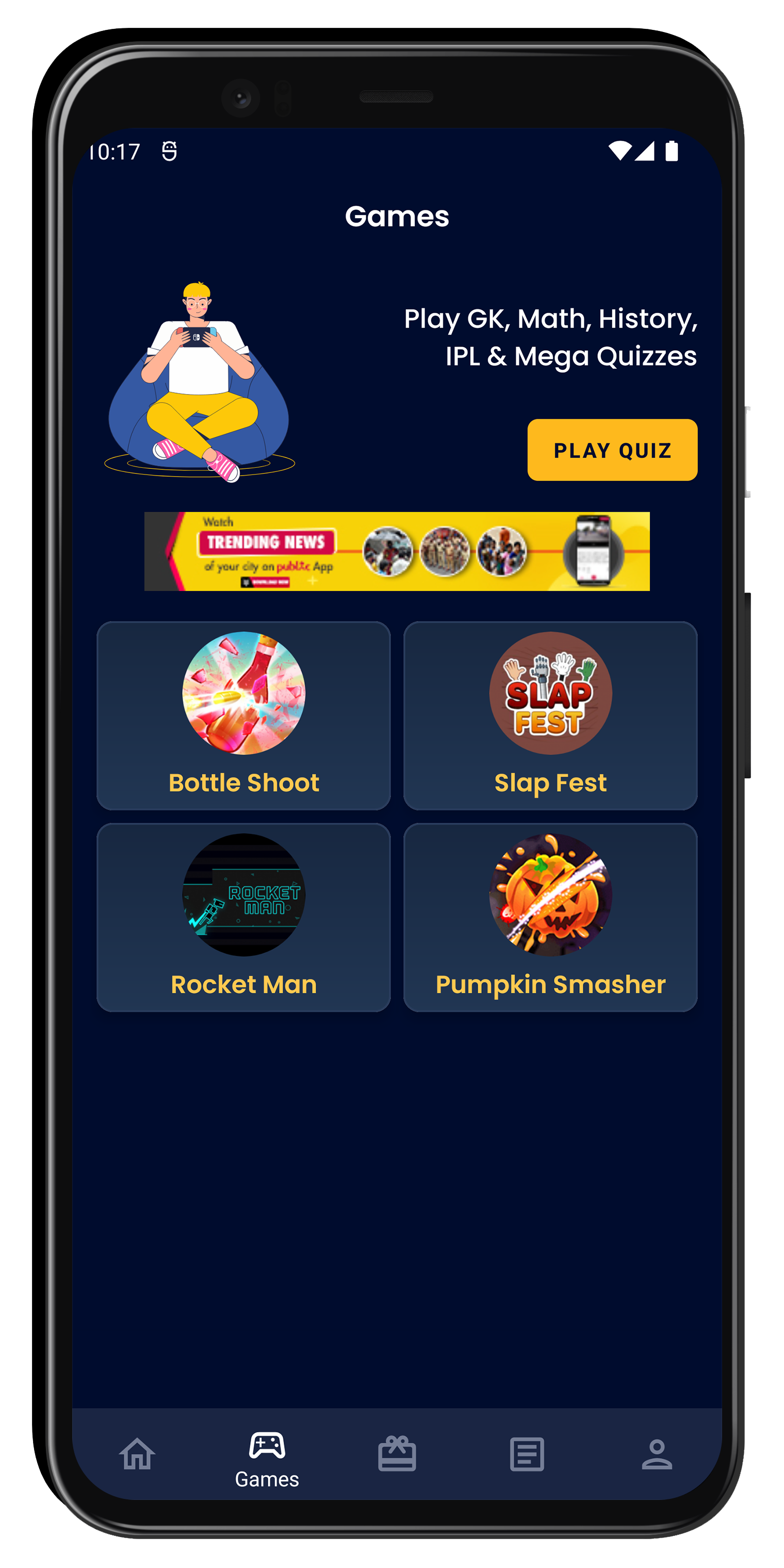 Indian Rewards games screen with GK, Math, and quiz-based mini-games
