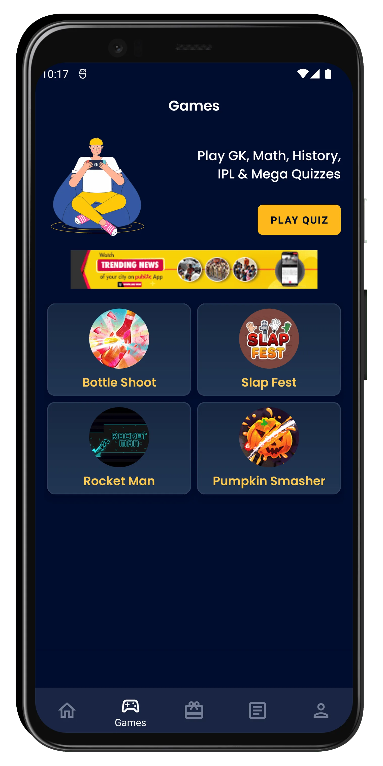 Indian Rewards games screen with GK, Math, and quiz-based mini-games