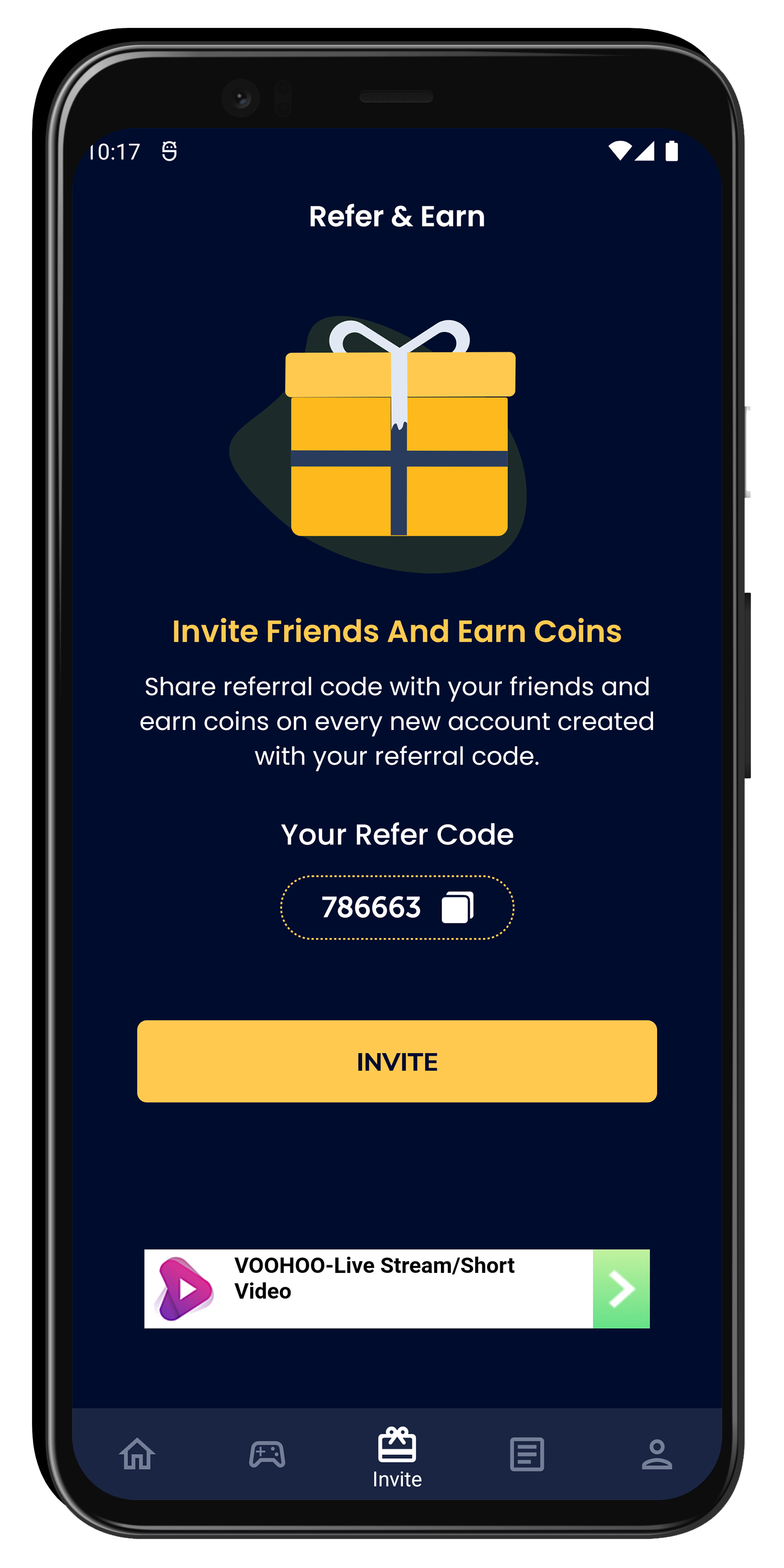 Indian Rewards refer and earn screen with referral code and invite flow