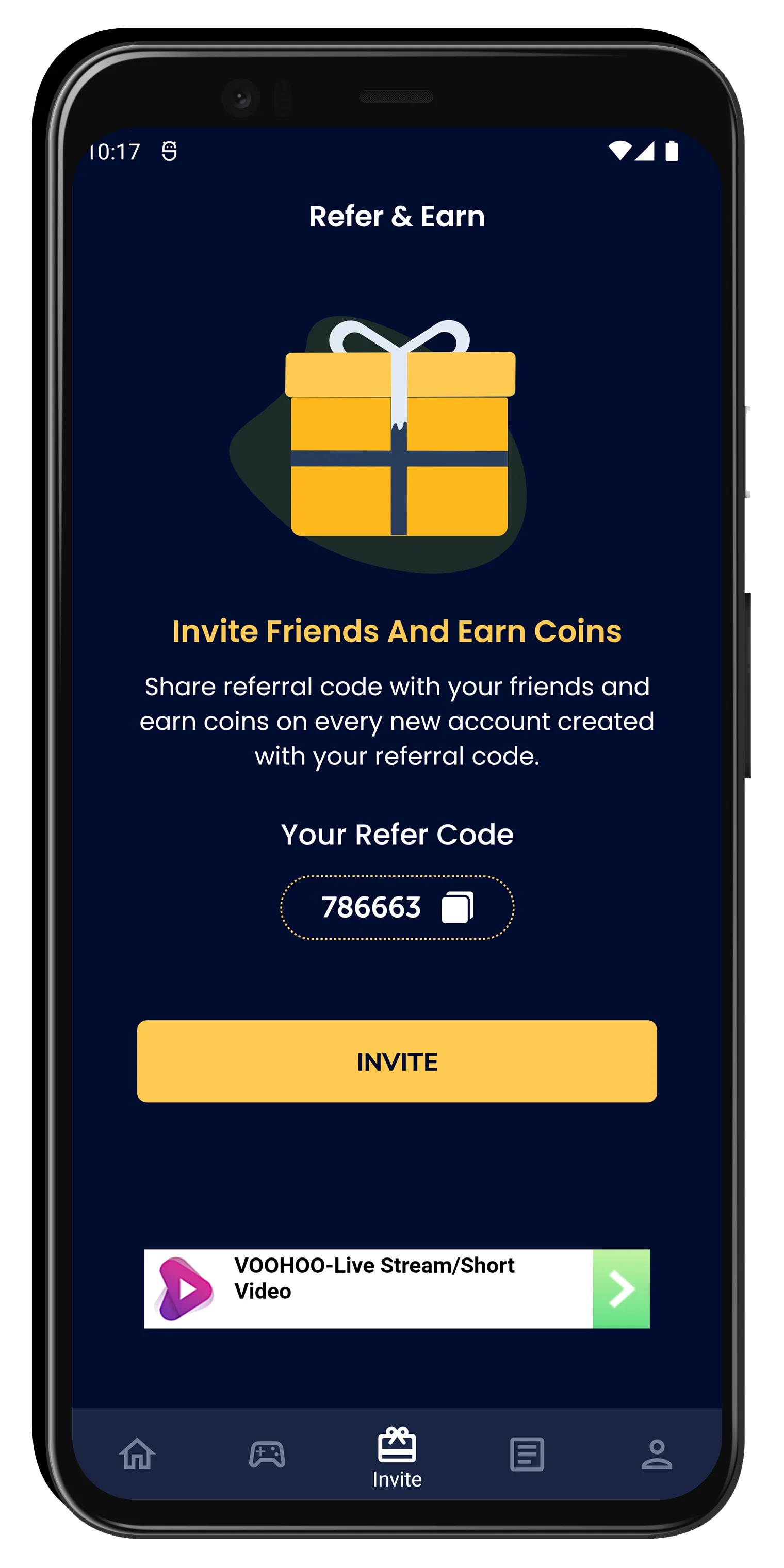Indian Rewards refer and earn screen with referral code and invite flow