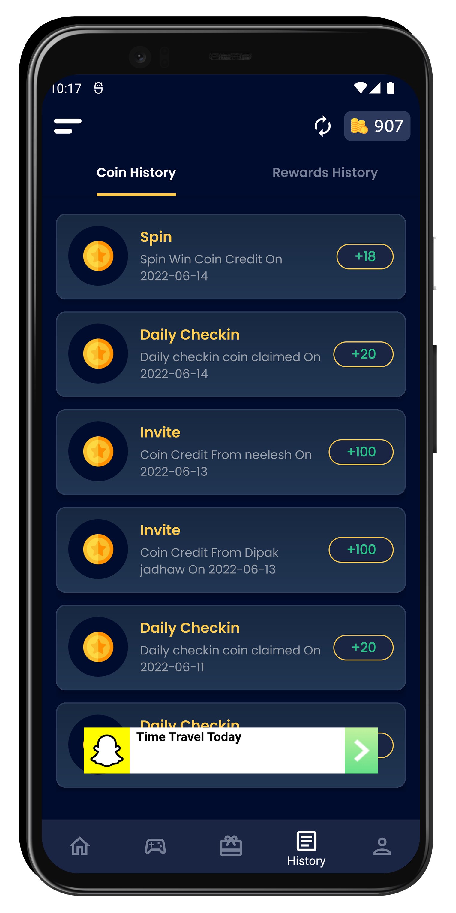 Indian Rewards coin history log showing spin, check-in, and referral credits