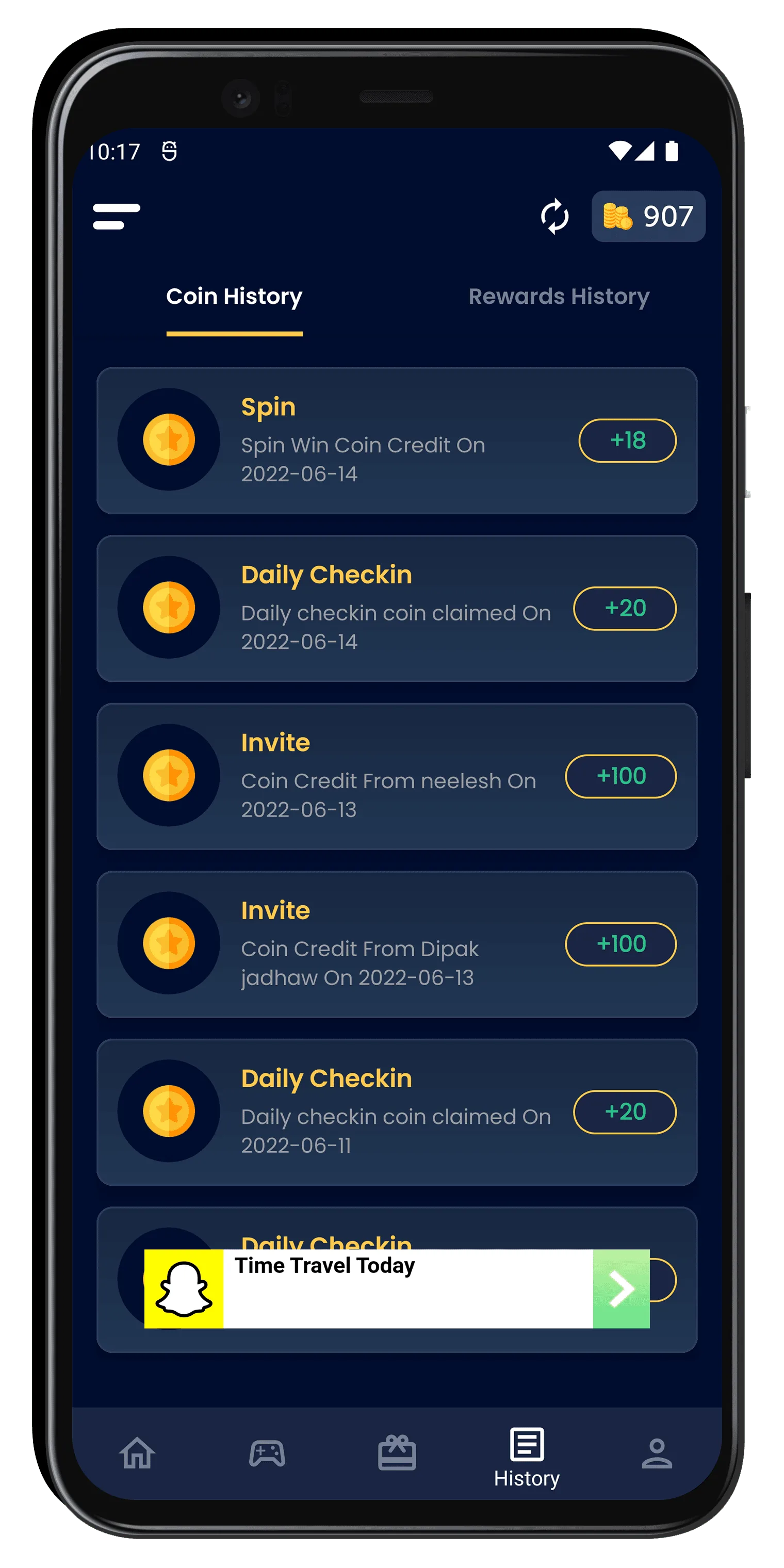 Indian Rewards coin history log showing spin, check-in, and referral credits