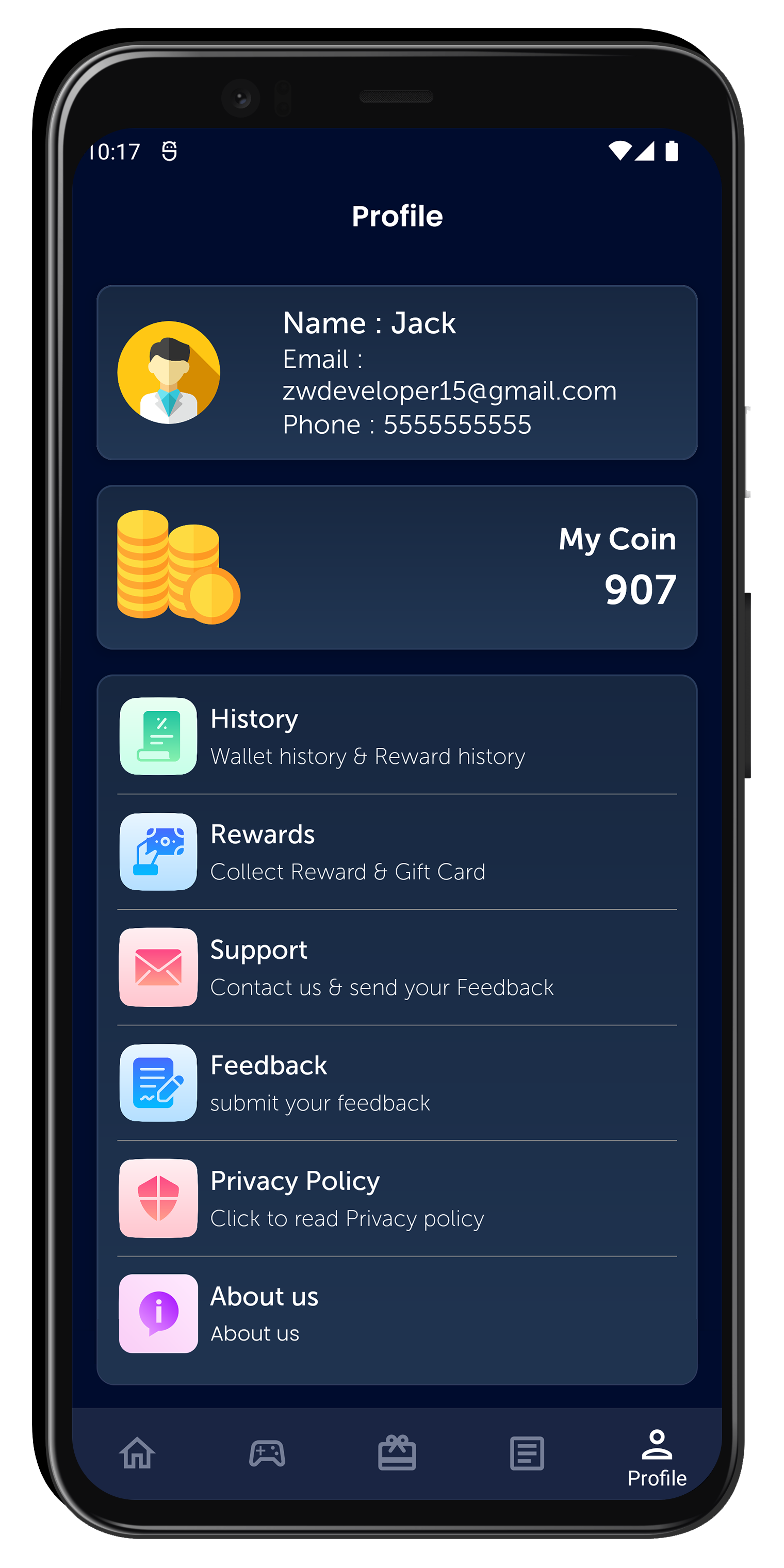 Indian Rewards profile screen with coin balance, history, rewards, and support links