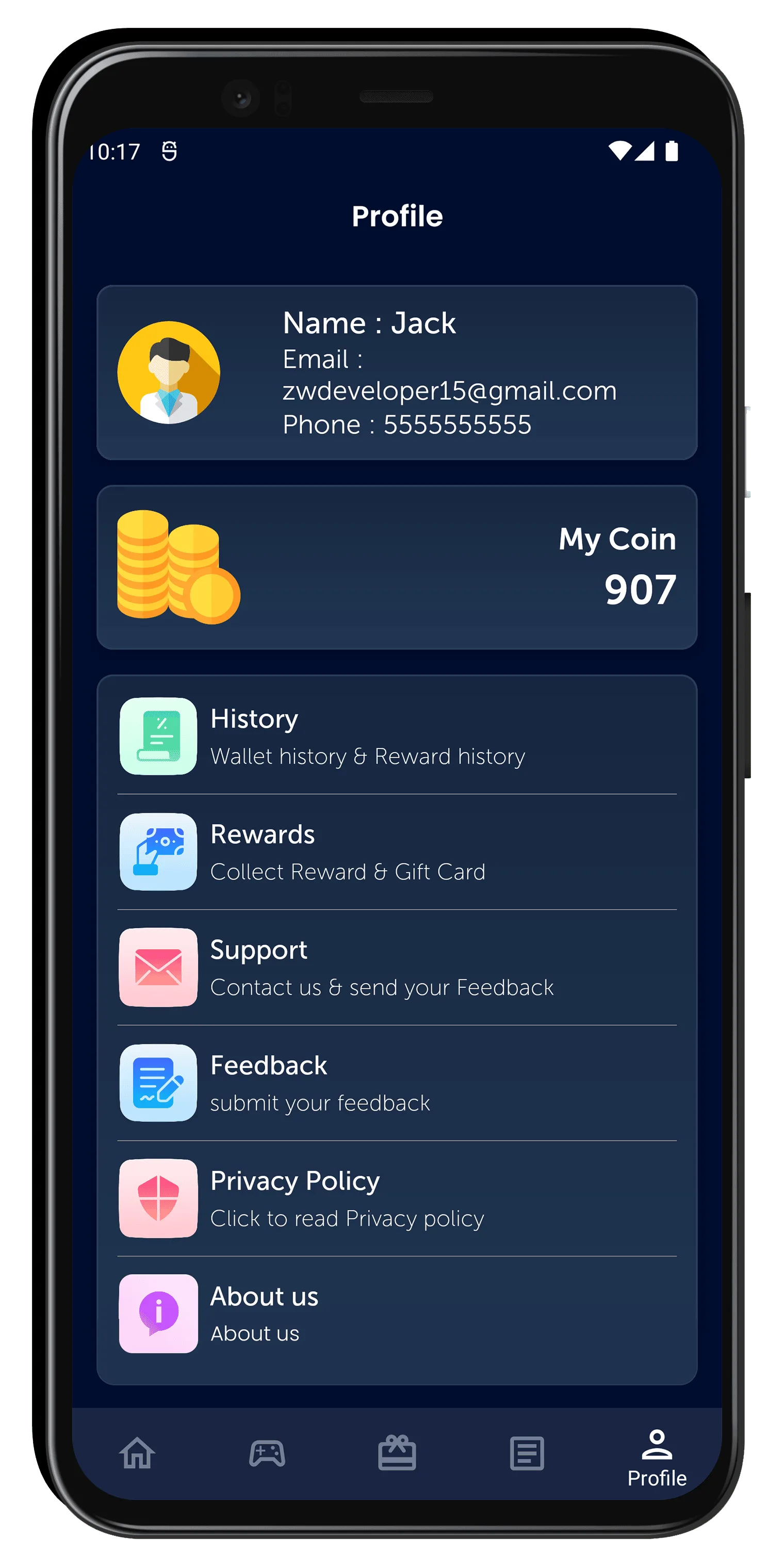Indian Rewards profile screen with coin balance, history, rewards, and support links