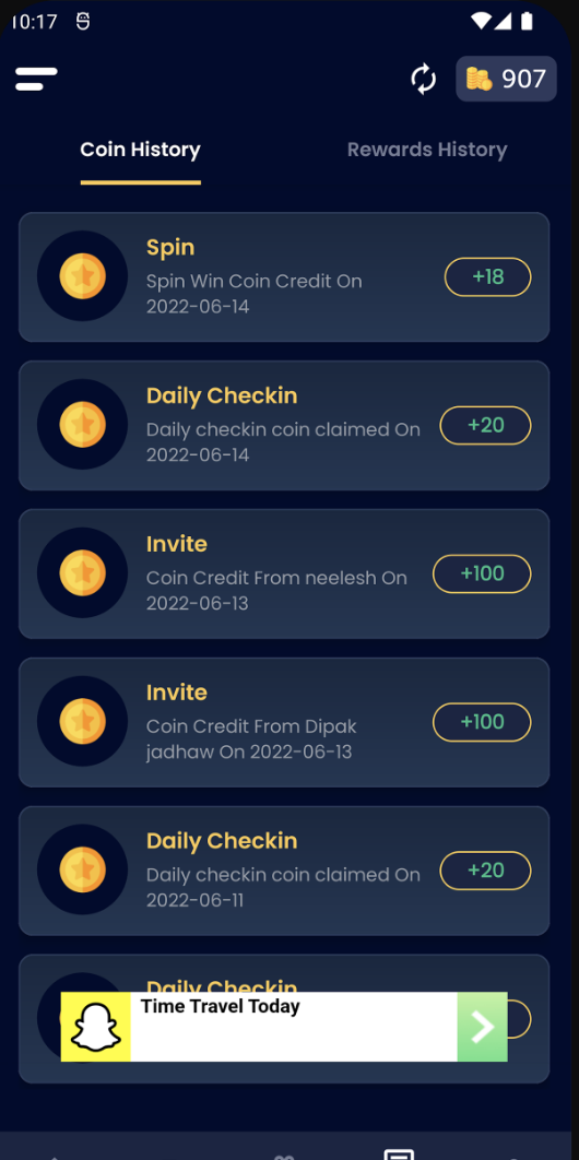 Indian Rewards coin history log showing spin, check-in, and referral credits